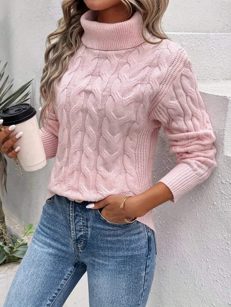 Women's Cable Knit Turtleneck Jumper with Long Sleeves
