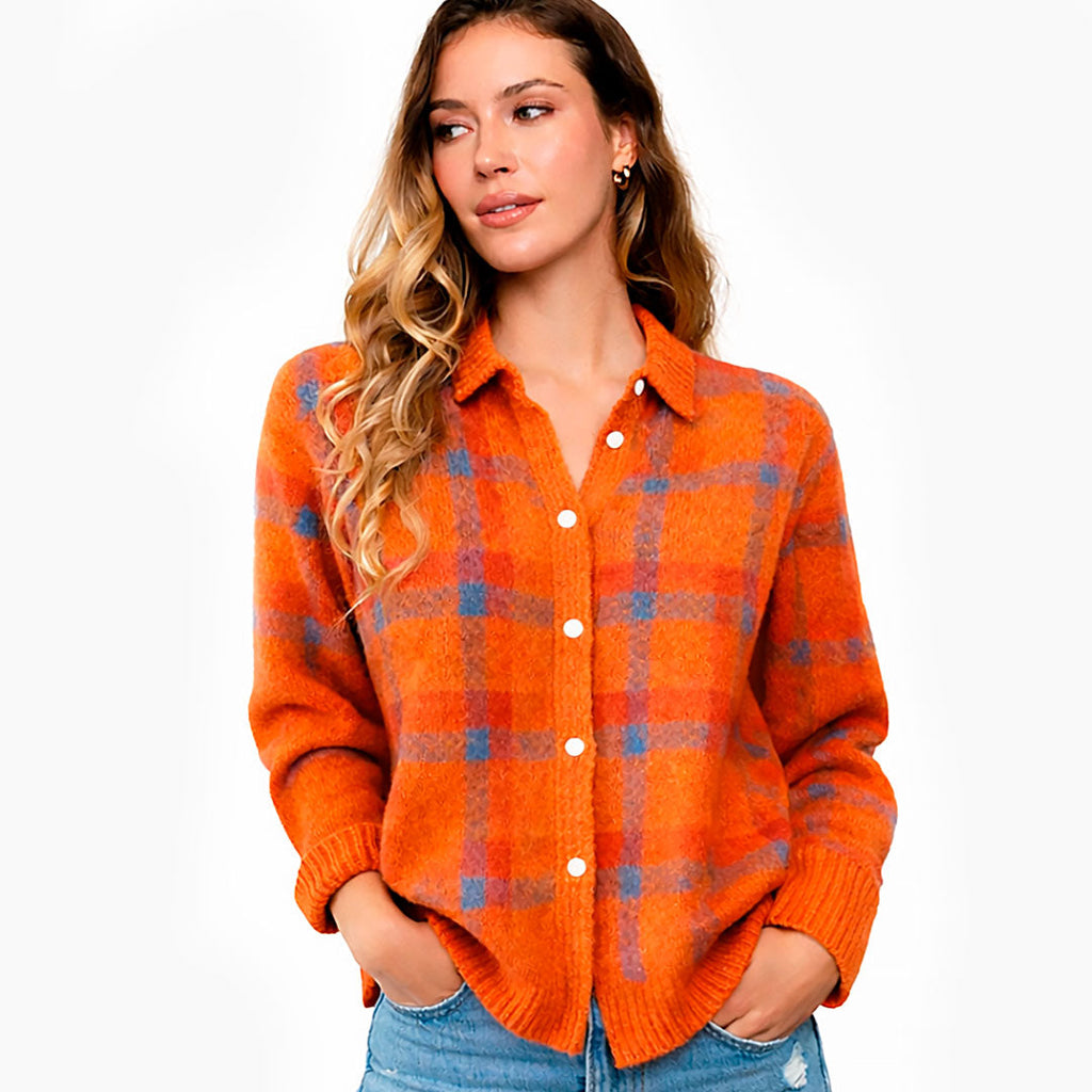 Women's Checked Cardigan with Lapel Collar and Button Front