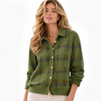 Women's Checked Cardigan with Lapel Collar and Button Front