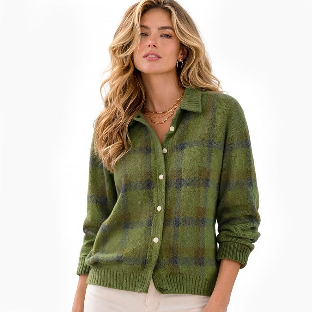 Women's Checked Cardigan with Lapel Collar and Button Front