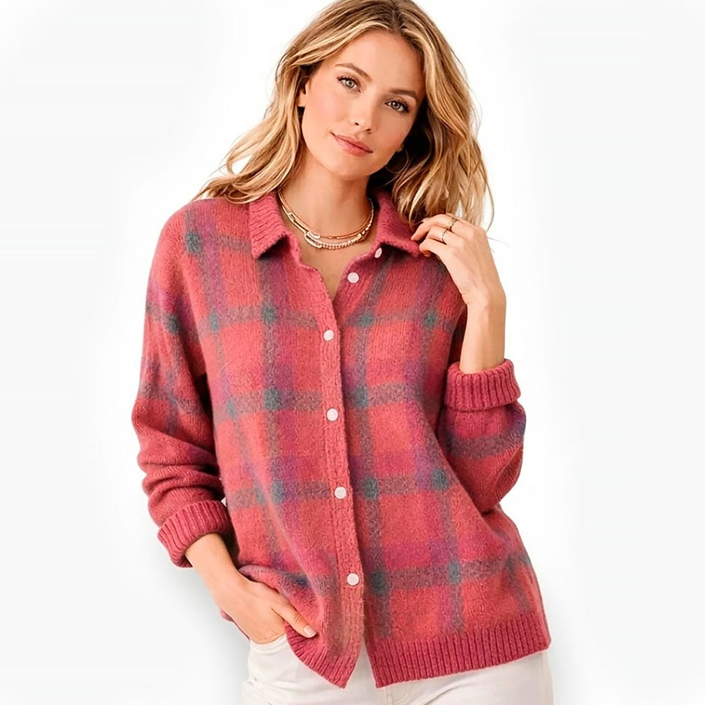 Women's Checked Cardigan with Lapel Collar and Button Front