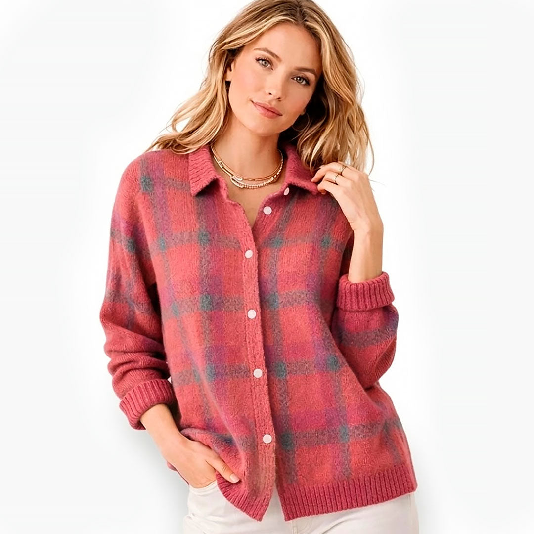 Women's Checked Cardigan with Lapel Collar and Button Front
