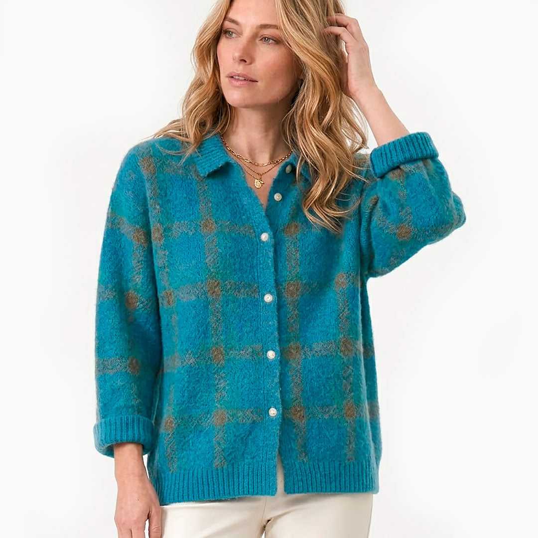 Women's Checked Cardigan with Lapel Collar and Button Front