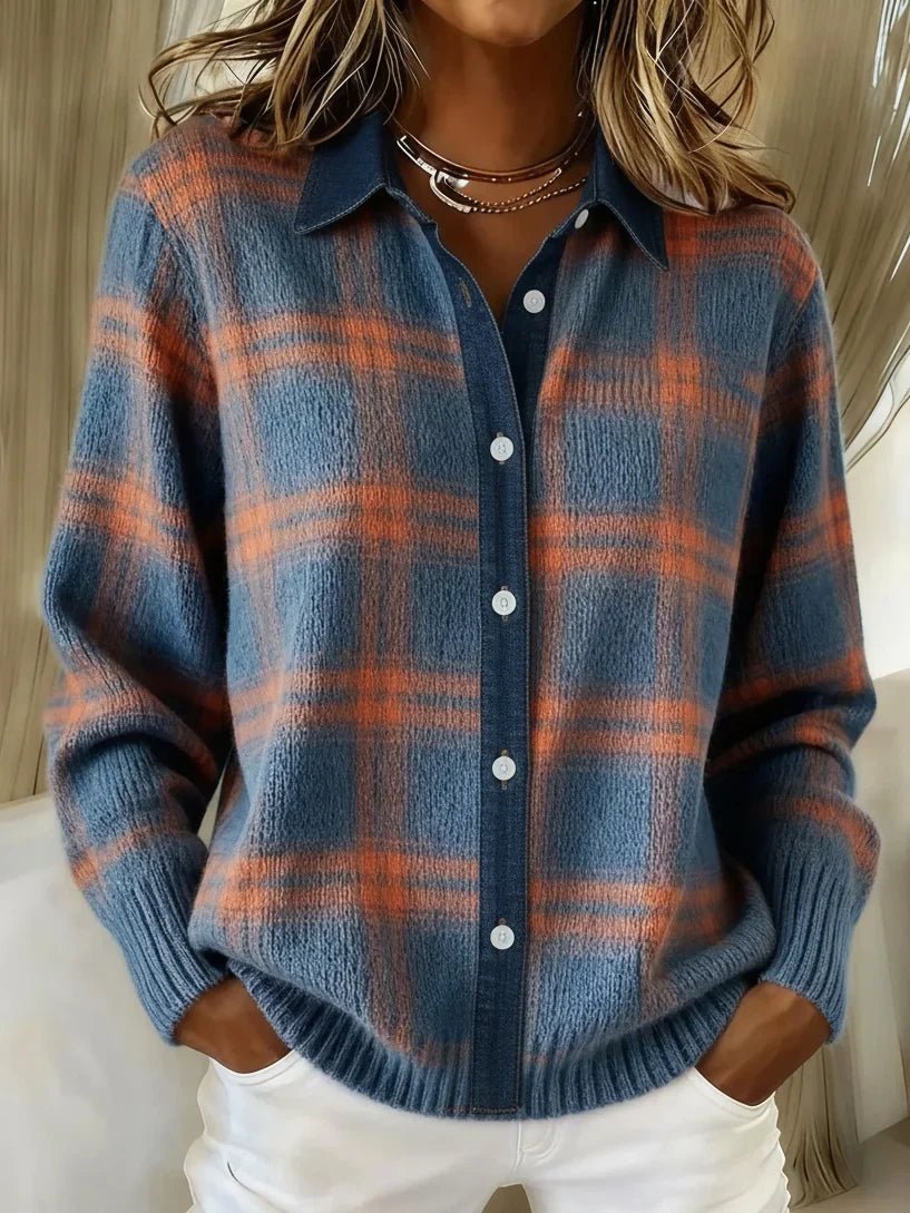 Women's Checked Pattern Cardigan with Shirt Collar
