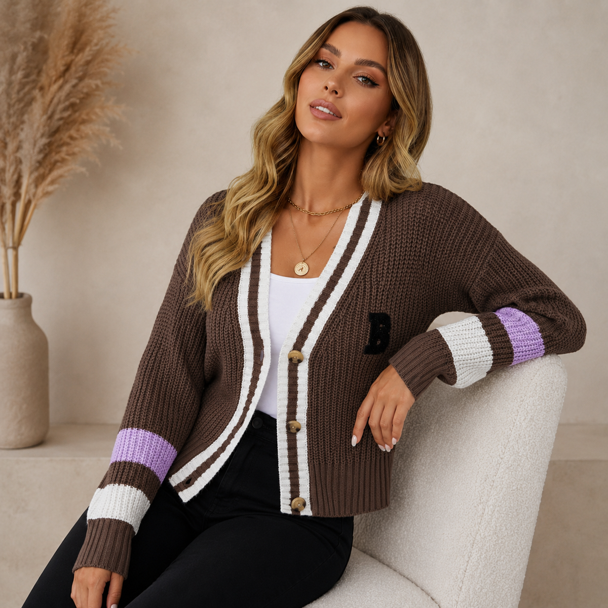 Women's Chunky Knit Cardigan with Contrasting Stripes
