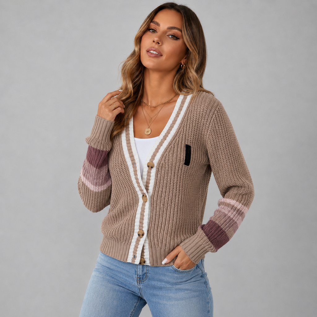 Women's Chunky Knit Cardigan with Contrasting Stripes