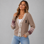 Women's Chunky Knit Cardigan with Contrasting Stripes