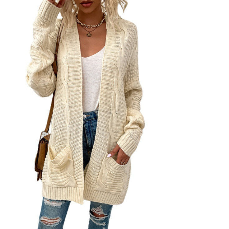 Women's Chunky Knit Cardigan with Large Pockets in Black