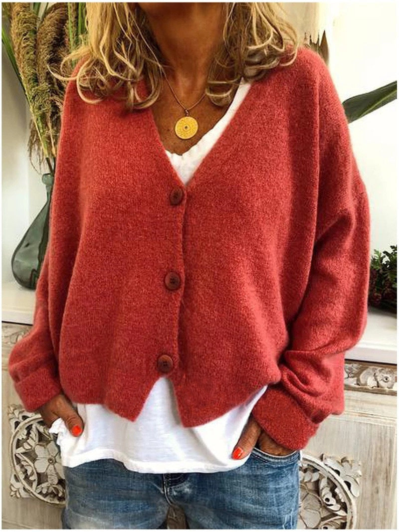 Women's Chunky Knit Cardigan with V-Neck and Soft Texture