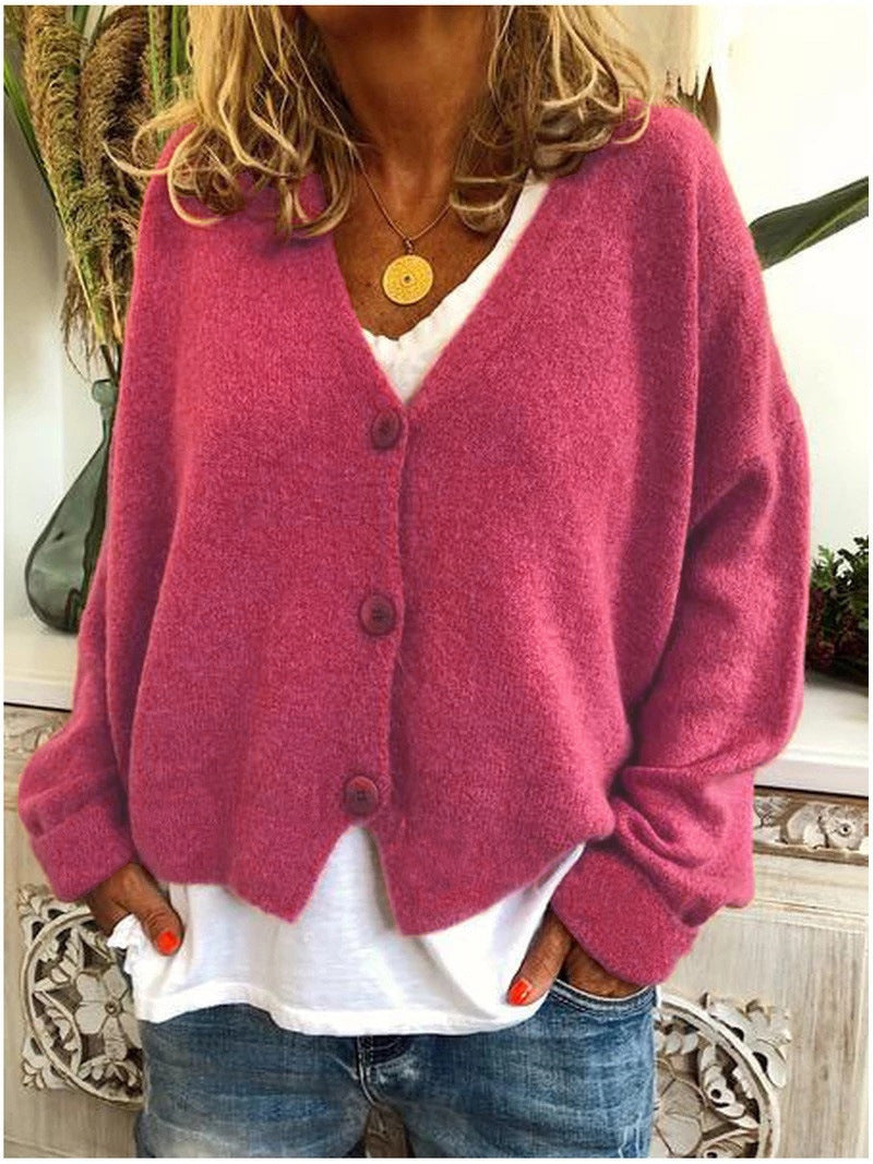 Women's Chunky Knit Cardigan with V-Neck and Soft Texture