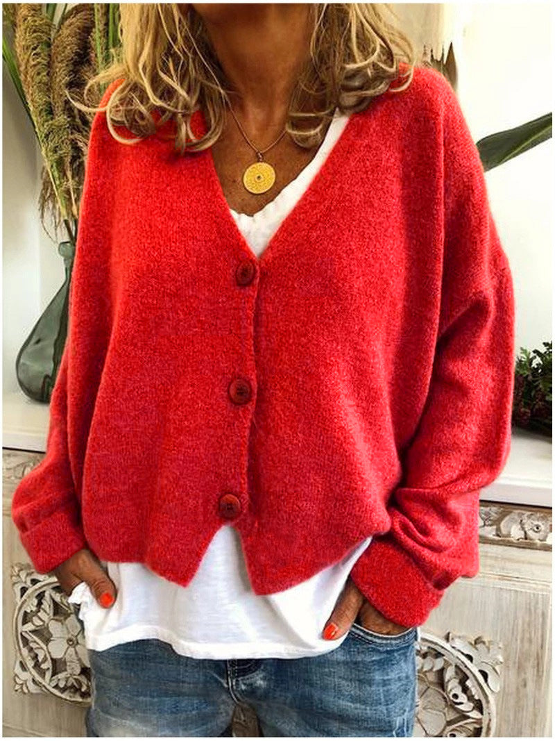 Women's Chunky Knit Cardigan with V-Neck and Soft Texture