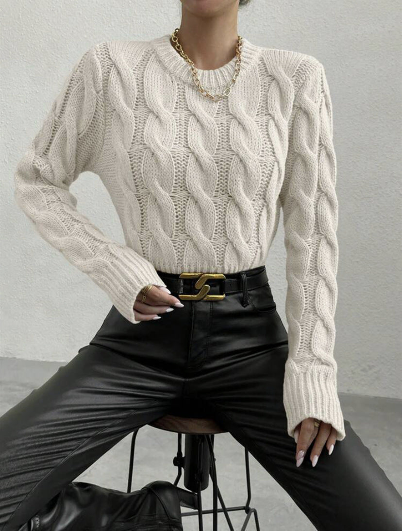 Women's Chunky Knit Jumper with High Collar and Long Sleeves