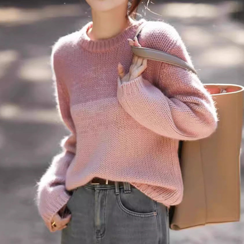Women's Chunky Knit Jumper with High Collar in Pink and Brown