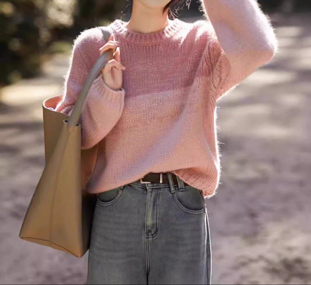 Women's Chunky Knit Jumper with High Collar in Pink and Brown