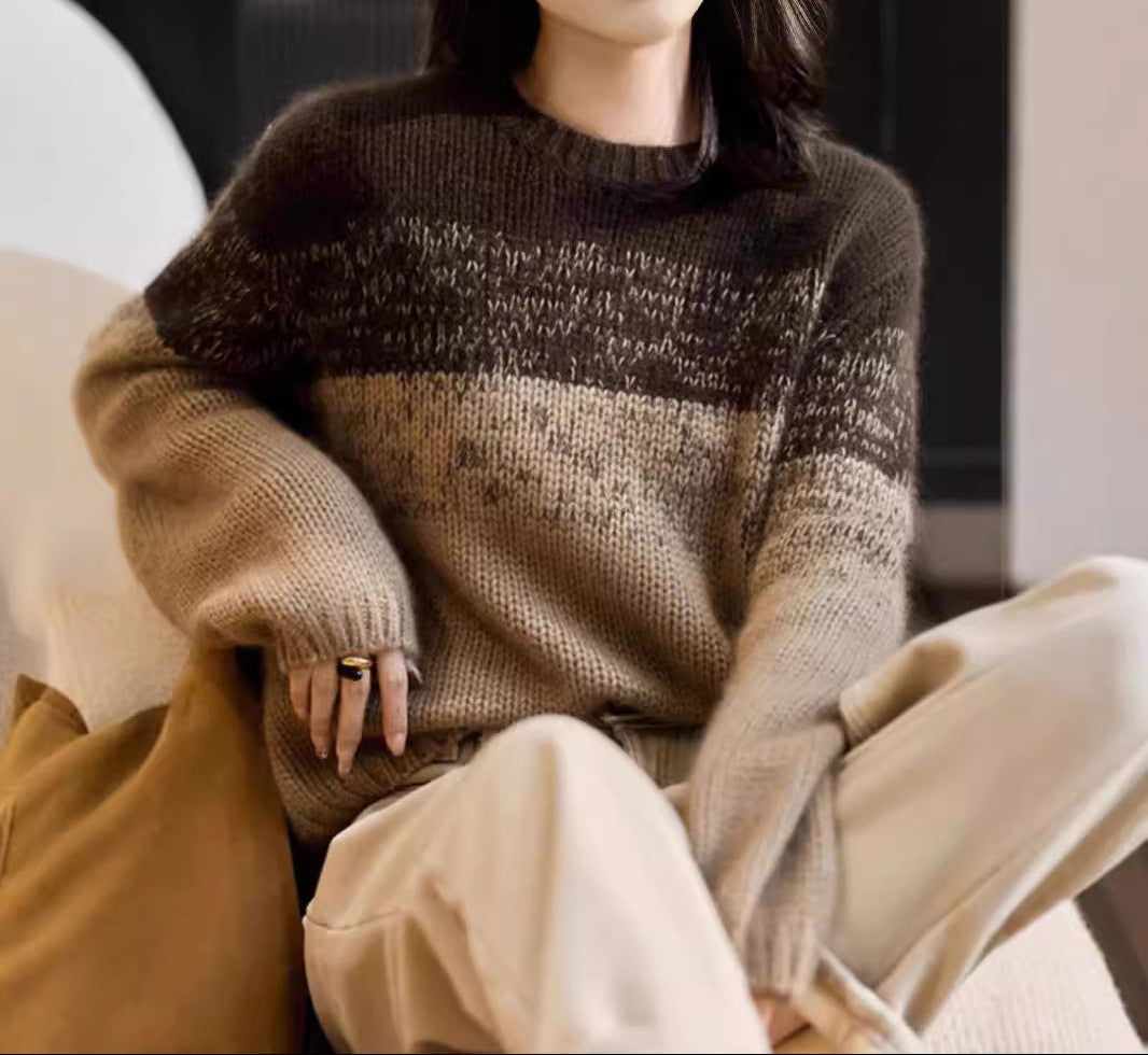 Women's Chunky Knit Jumper with High Collar in Pink and Brown