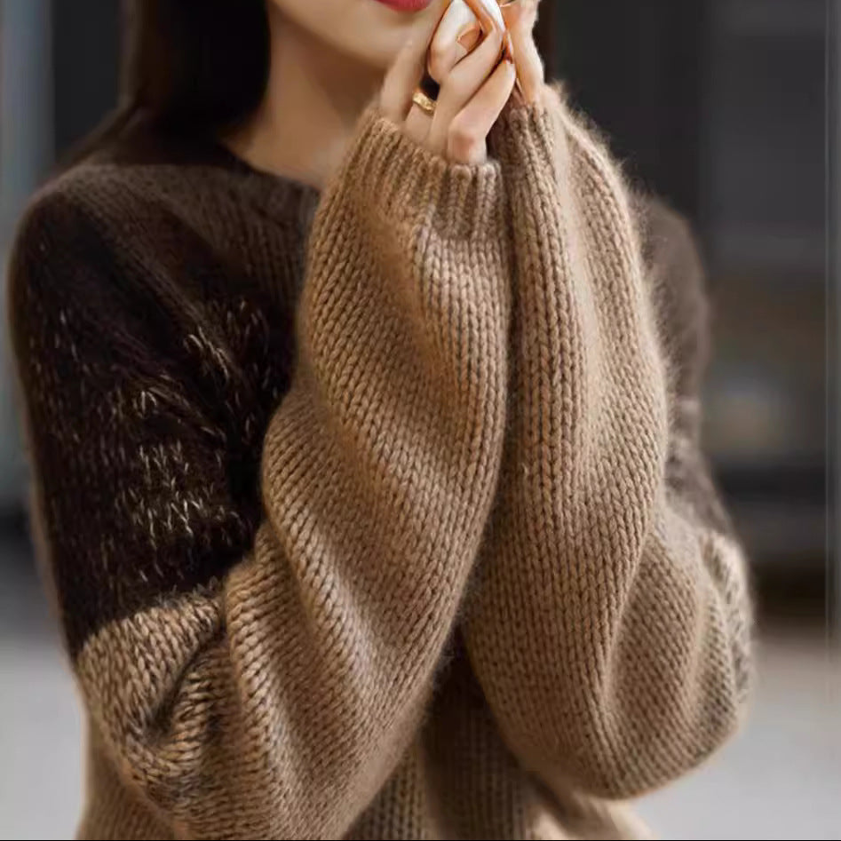 Women's Chunky Knit Jumper with High Collar in Pink and Brown