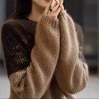 Women's Chunky Knit Jumper with High Collar in Pink and Brown