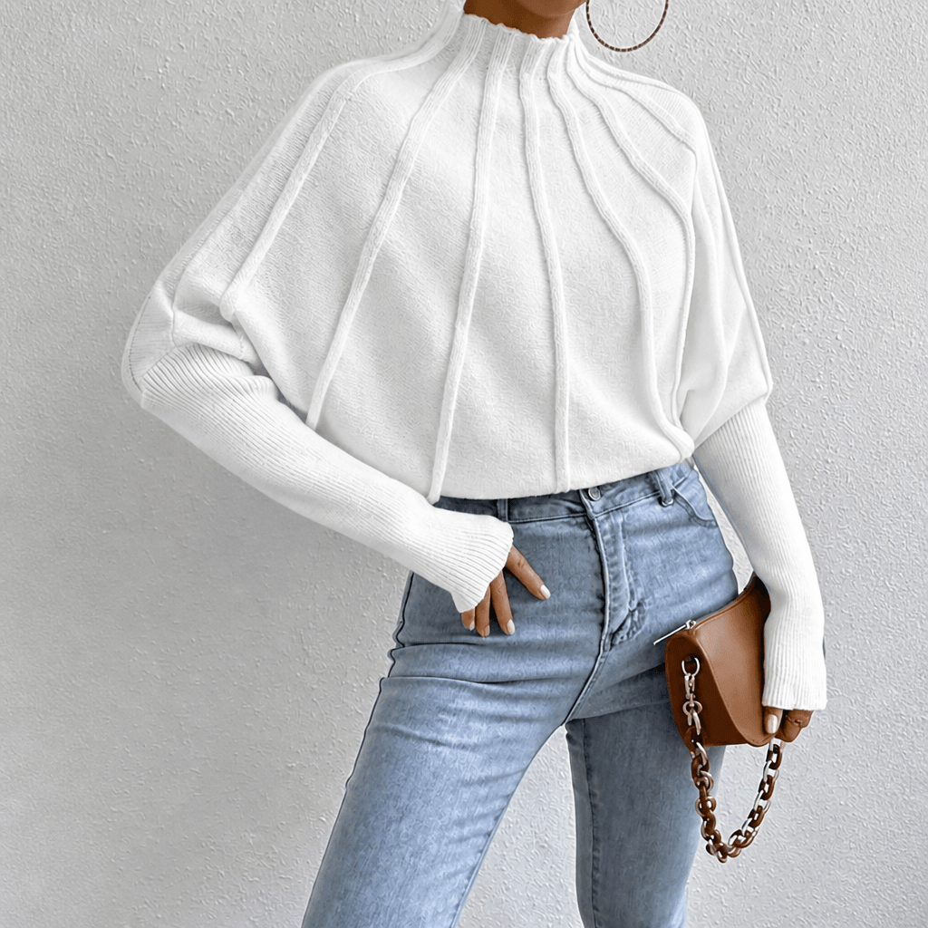 Women's Chunky Knit Jumper with Stand-Up Collar and Batwing Sleeves