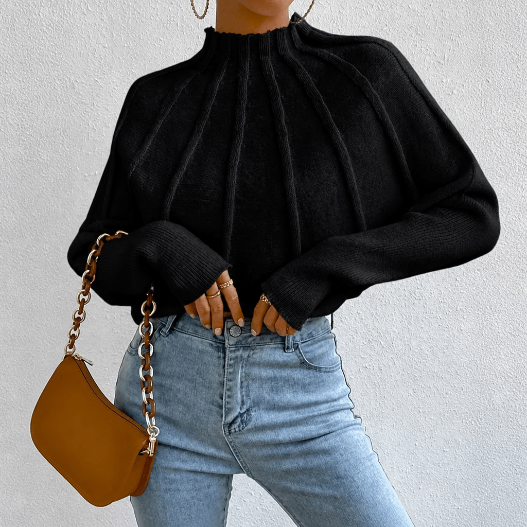 Women's Chunky Knit Jumper with Stand-Up Collar and Batwing Sleeves