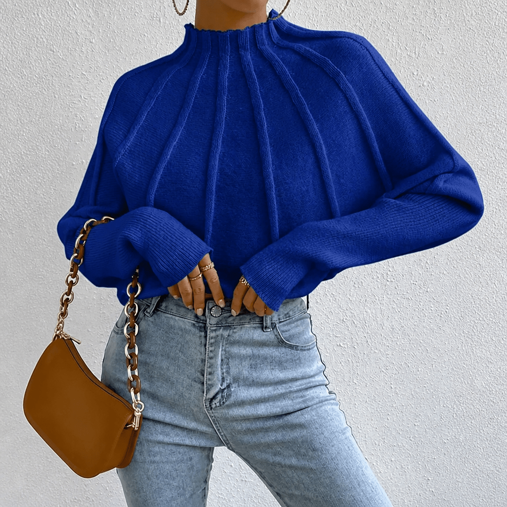 Women's Chunky Knit Jumper with Stand-Up Collar and Batwing Sleeves