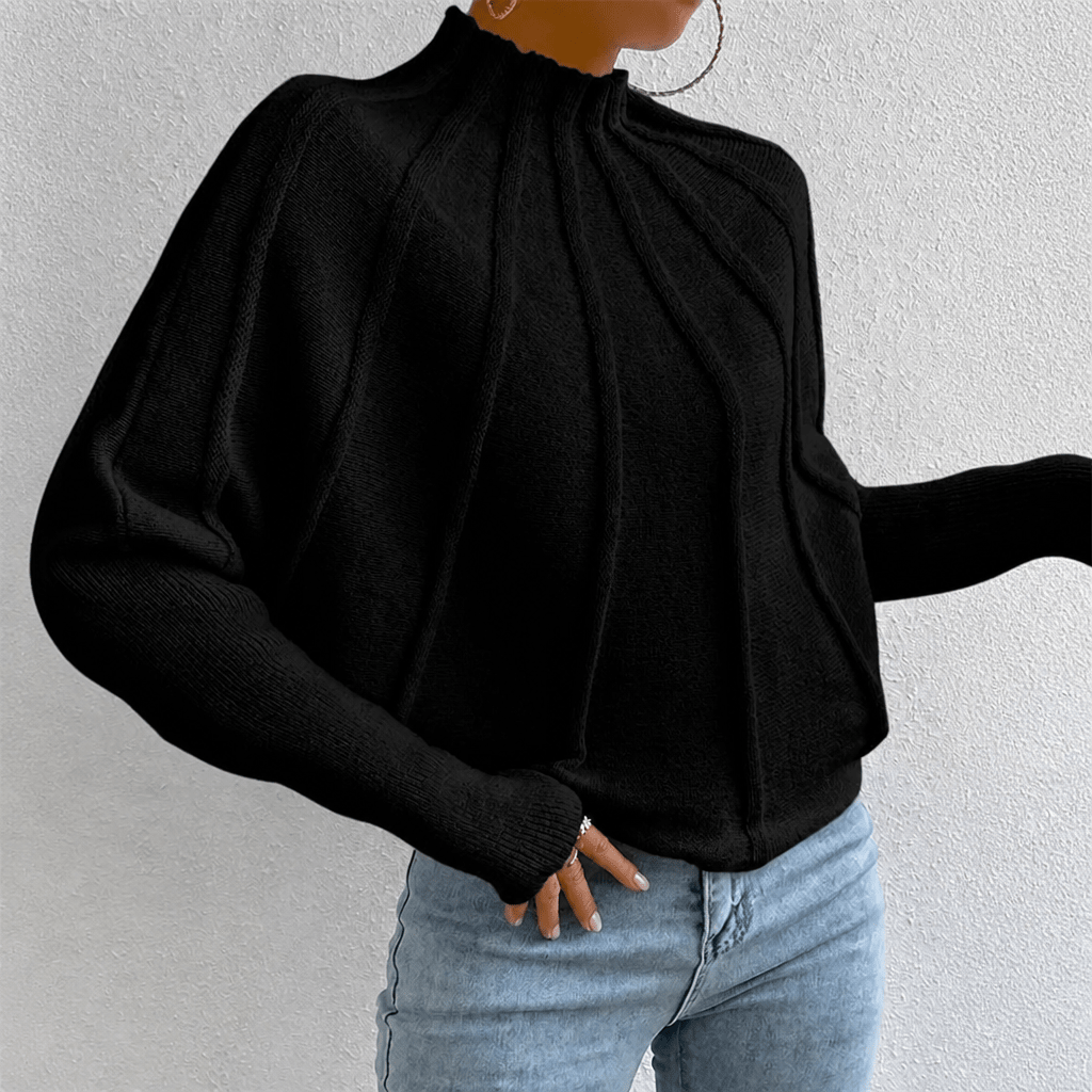 Women's Chunky Knit Jumper with Stand-Up Collar and Batwing Sleeves