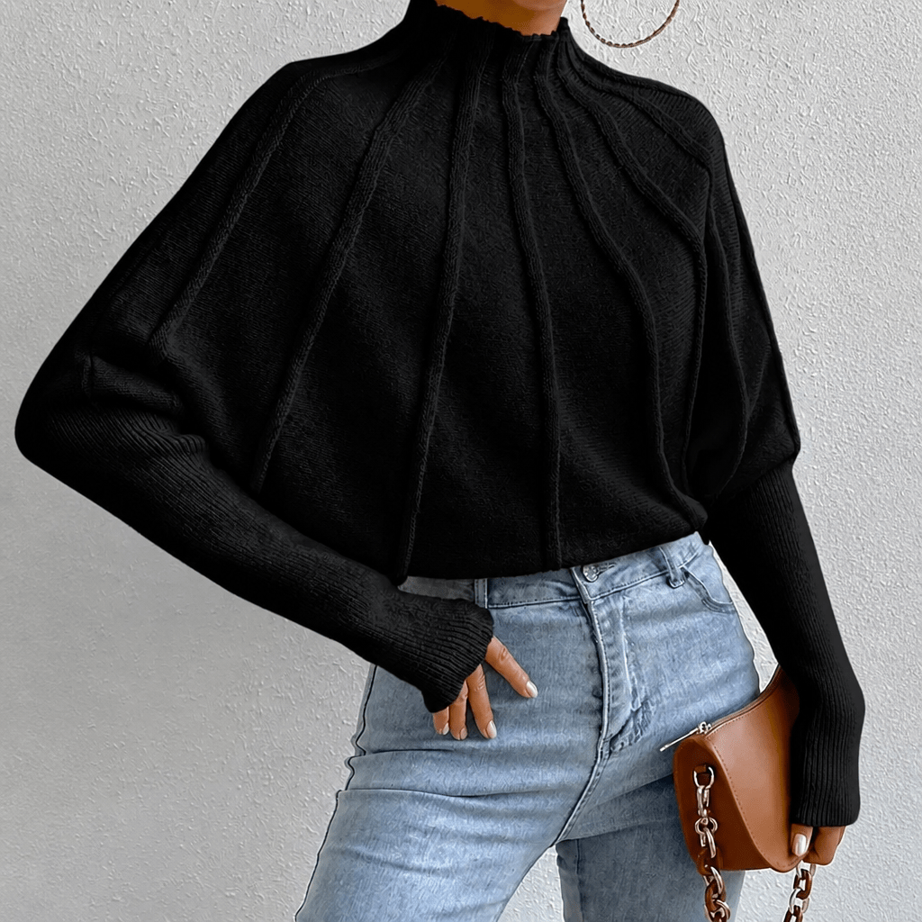 Women's Chunky Knit Jumper with Stand-Up Collar and Batwing Sleeves