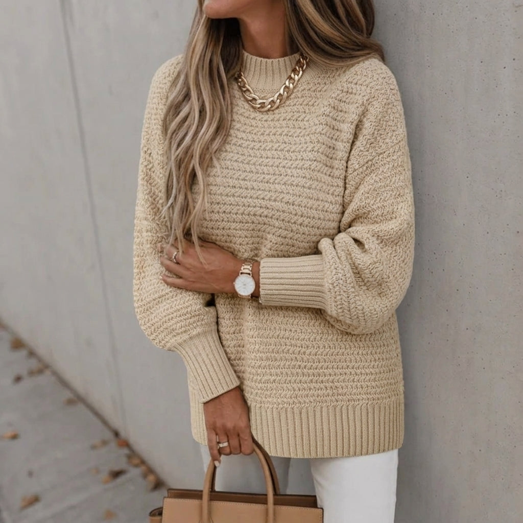 Women's Coarse Waffle Knit Jumper with Stand-Up Collar
