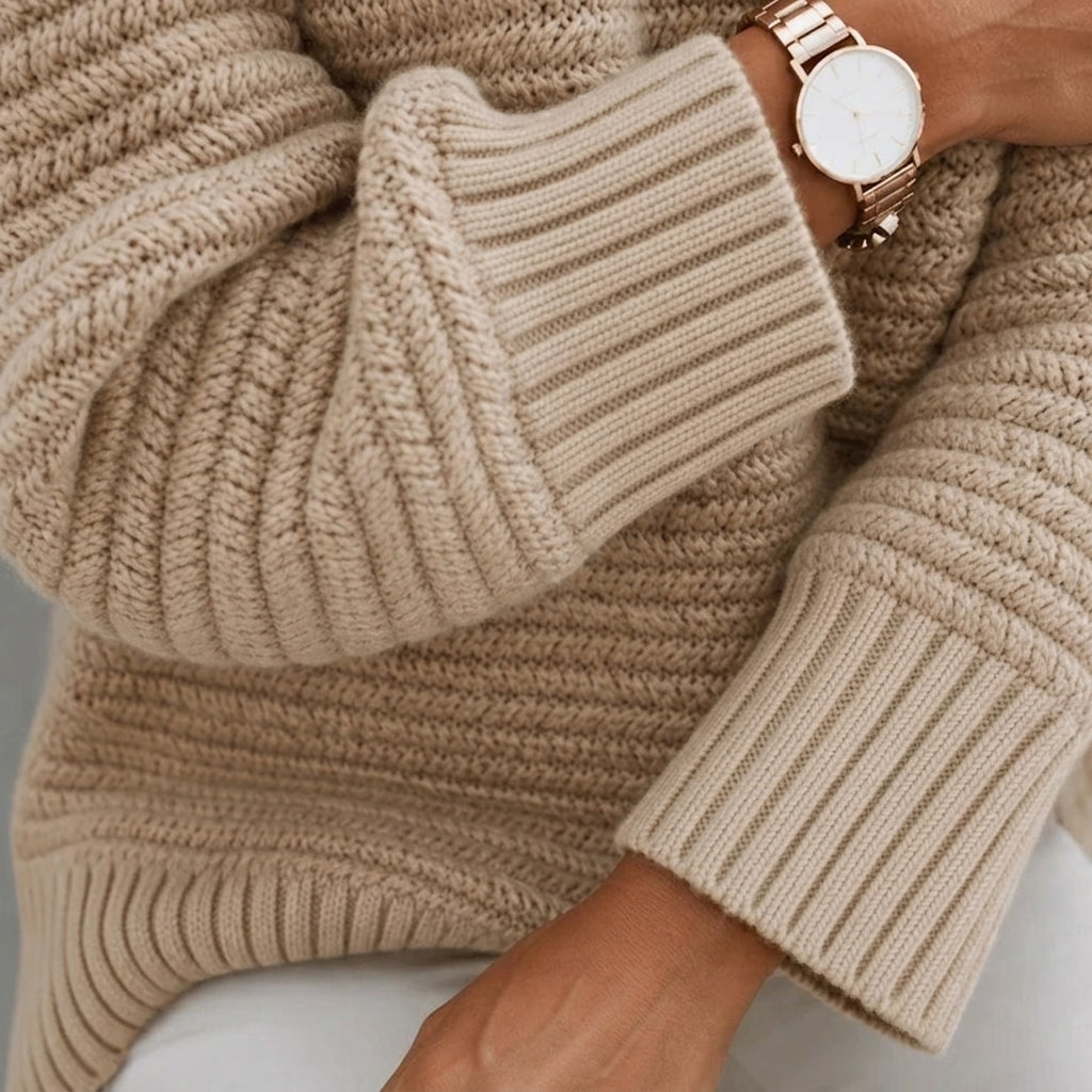 Women's Coarse Waffle Knit Jumper with Stand-Up Collar