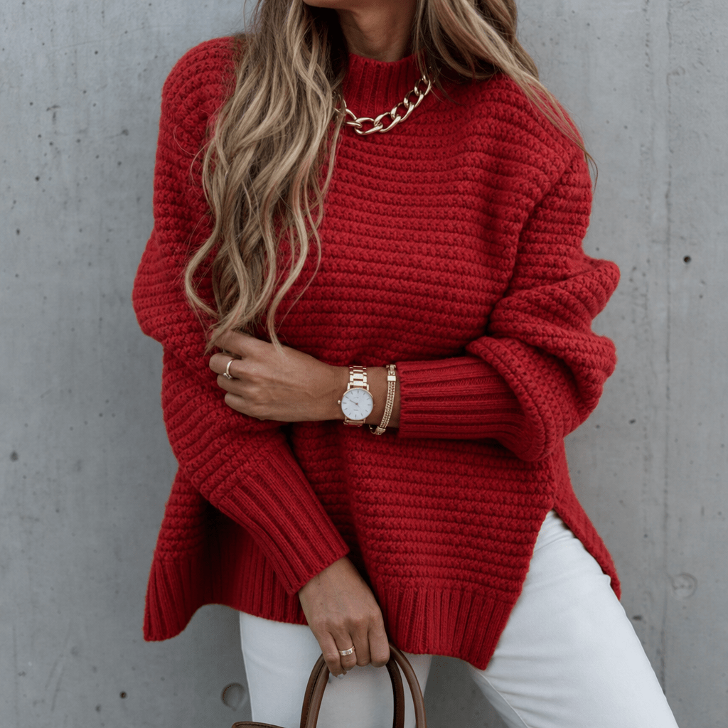 Women's Coarse Waffle Knit Jumper with Stand-Up Collar