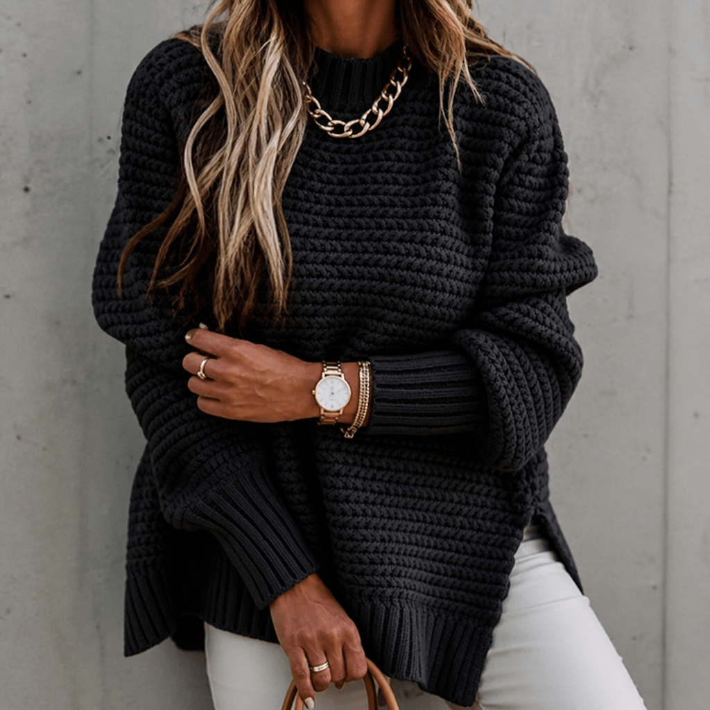 Women's Coarse Waffle Knit Jumper with Stand-Up Collar