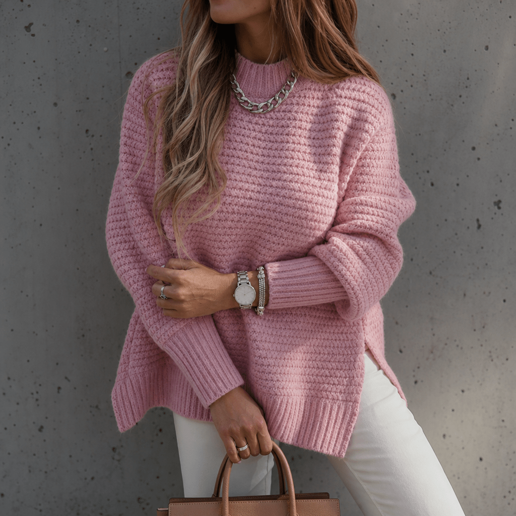 Women's Coarse Waffle Knit Jumper with Stand-Up Collar