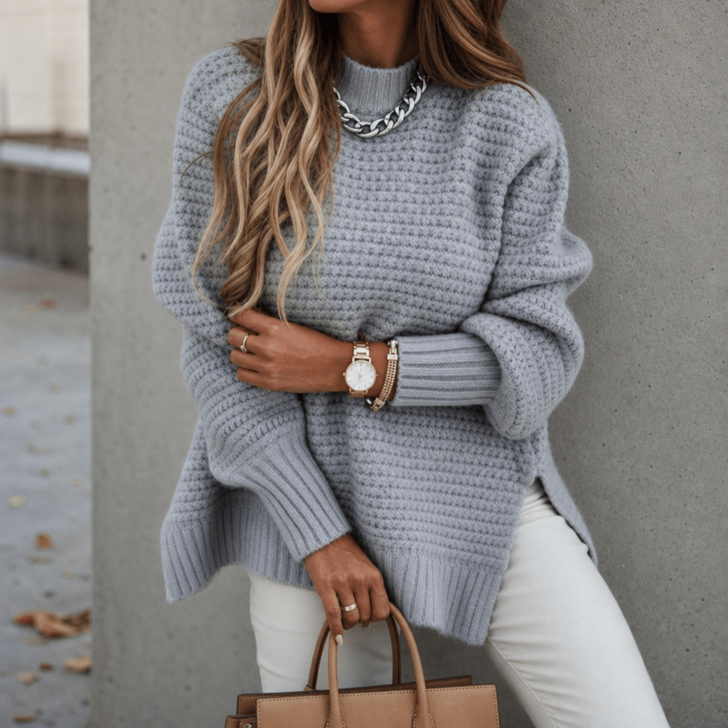 Women's Coarse Waffle Knit Jumper with Stand-Up Collar