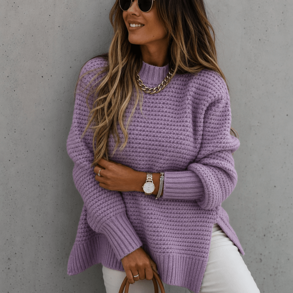 Women's Coarse Waffle Knit Jumper with Stand-Up Collar
