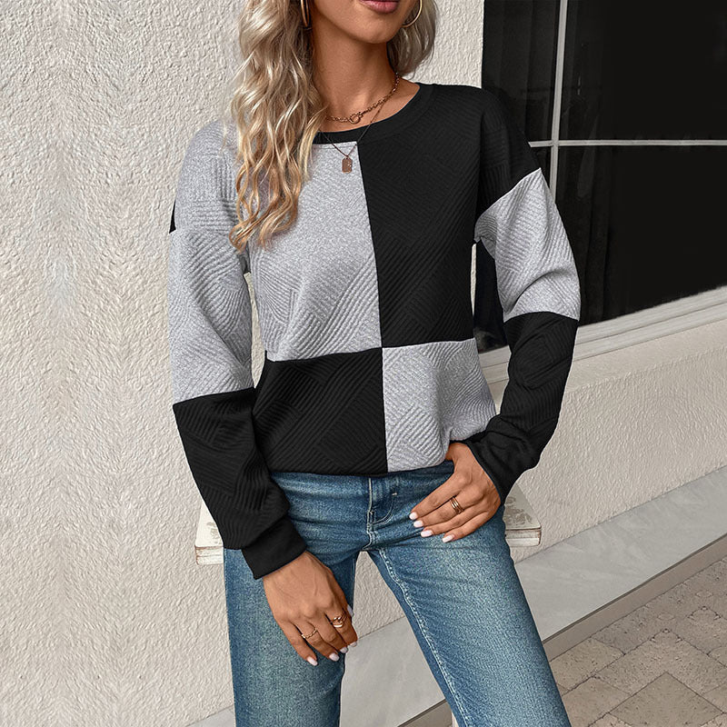 Women's Colour Block Check Jumper with Long Sleeves