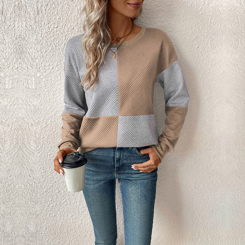 Women's Colour Block Check Jumper with Long Sleeves