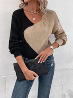 Women's Colour Block V-neck Jumper with Soft Knit Fabric