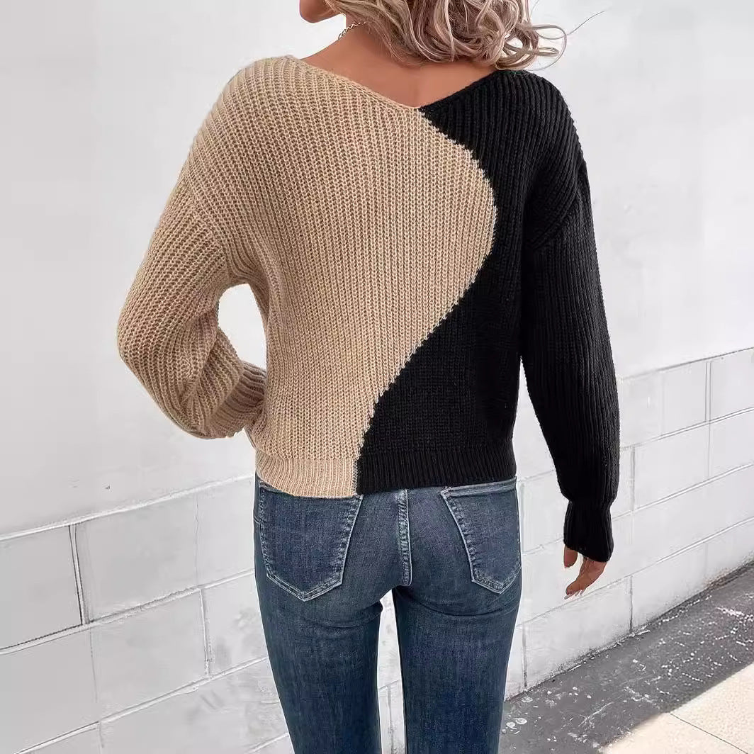 Women's Colour Block V-neck Jumper with Soft Knit Fabric