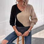 Women's Colour Block V-neck Jumper with Soft Knit Fabric