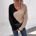 Women's Colour Block V-neck Jumper with Soft Knit Fabric