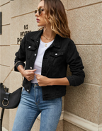 Women's Cropped Denim Jacket with Chest Pockets and Button Front