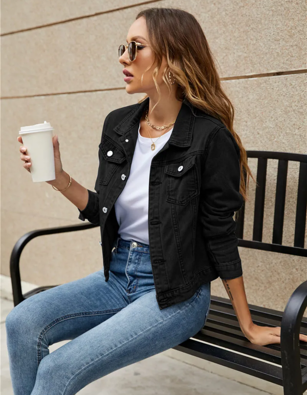 Women's Cropped Denim Jacket with Chest Pockets and Button Front