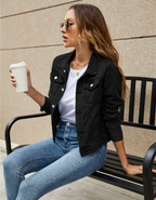 Women's Cropped Denim Jacket with Chest Pockets and Button Front