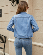 Women's Cropped Denim Jacket with Chest Pockets and Button Front