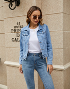 Women's Cropped Denim Jacket with Chest Pockets and Button Front