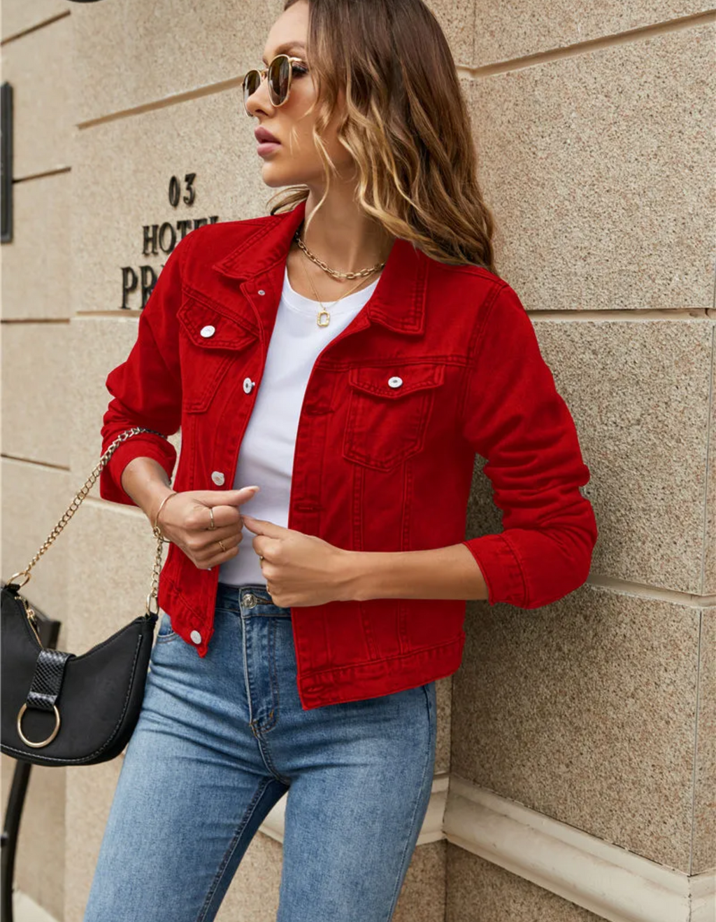 Women's Cropped Denim Jacket with Chest Pockets and Button Front