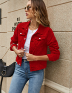 Women's Cropped Denim Jacket with Chest Pockets and Button Front