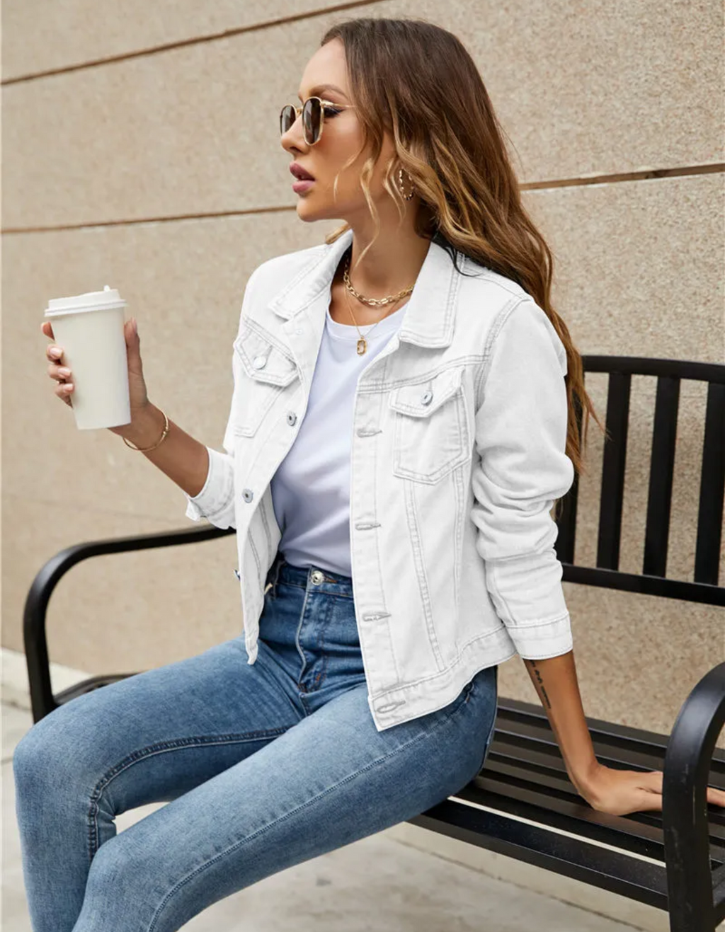 Women's Cropped Denim Jacket with Chest Pockets and Button Front