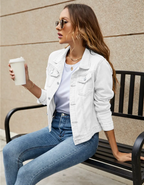 Women's Cropped Denim Jacket with Chest Pockets and Button Front