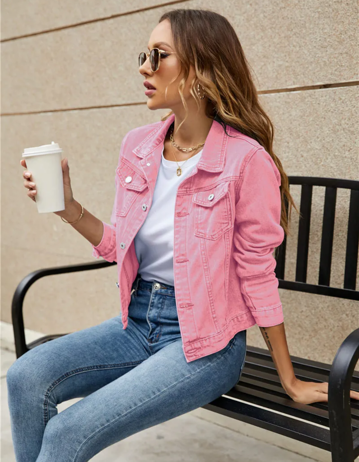 Women's Cropped Denim Jacket with Chest Pockets and Button Front