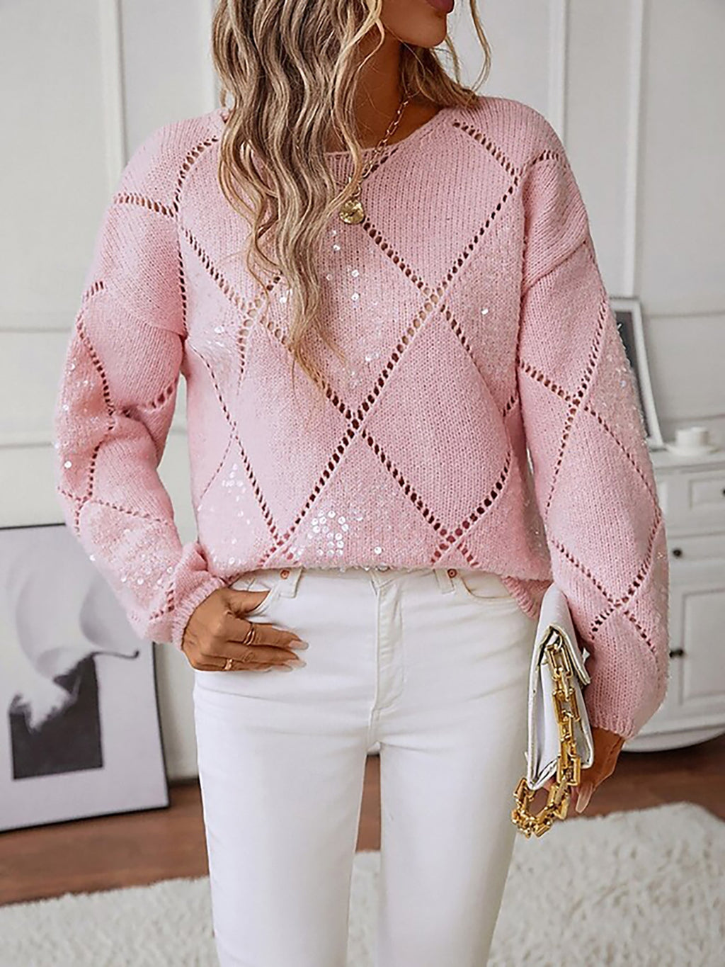 Women's Diamond Pattern Knitted Jumper with Lightweight Feel